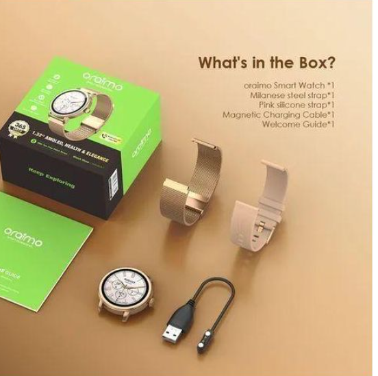 Oraimo Watch Muse (Model: OSW-831N) is a round-faced, highly elegant smartwatch designed with a blend of fashion and comprehensive health tracking