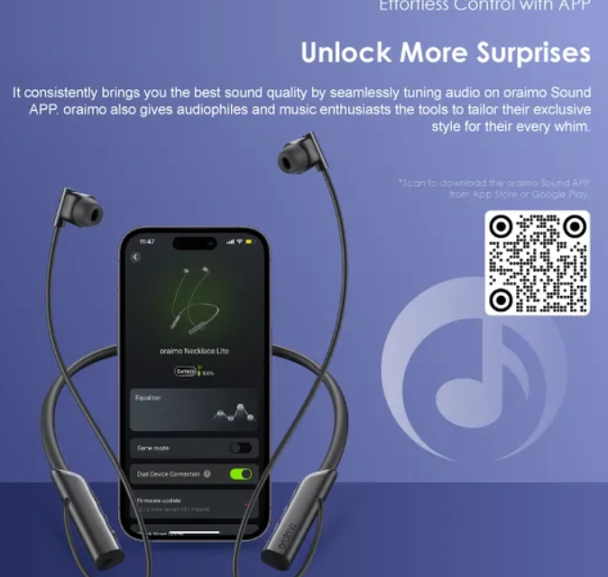 Oraimo necklace lite[OEB-311] call vibration wireless headphones,30 hours play time,vibration notification,Bluetooth 5.3,and HavyBass sound