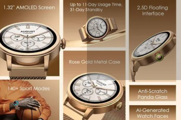 Oraimo Watch Muse (Model: OSW-831N) is a round-faced, highly elegant smartwatch designed with a blend of fashion and comprehensive health tracking