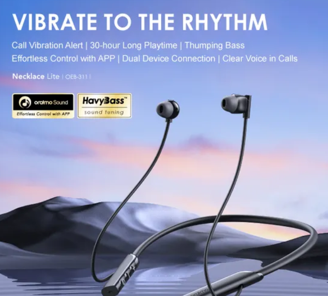 Oraimo necklace lite[OEB-311] call vibration wireless headphones,30 hours play time,vibration notification,Bluetooth 5.3,and HavyBass sound