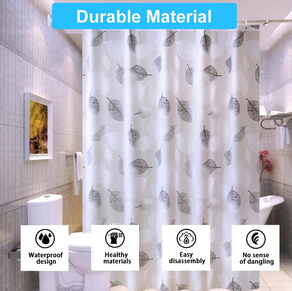 1PC Leaft Print PEVA Shower Curtain Liner with 12PC Hooks 180*180cm for Shower Stall Bathtubs Bathroom Curtains Shower Curtain Liner Set Waterproof Anti-Mould Proof Resistant