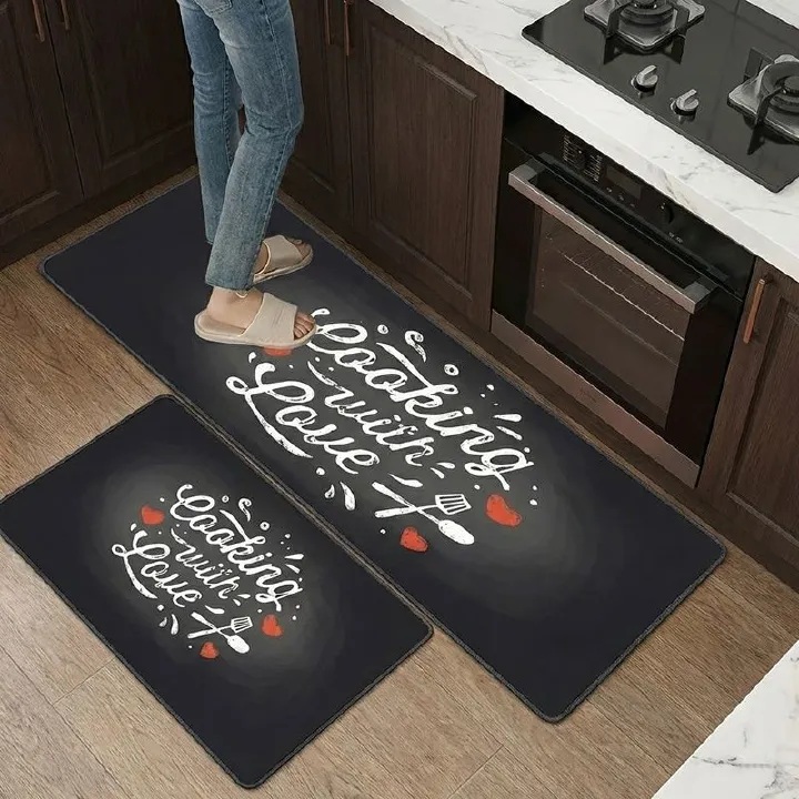 2 Piece Set Love Maisha Kitchen Rug , Black and White Rustic Vintage Style Theme Decor Kitchen Rugs, Absorbent Washable Non-Slip Floor Mats, Home Indoor Runner Carpet 40x60+40x120 CM