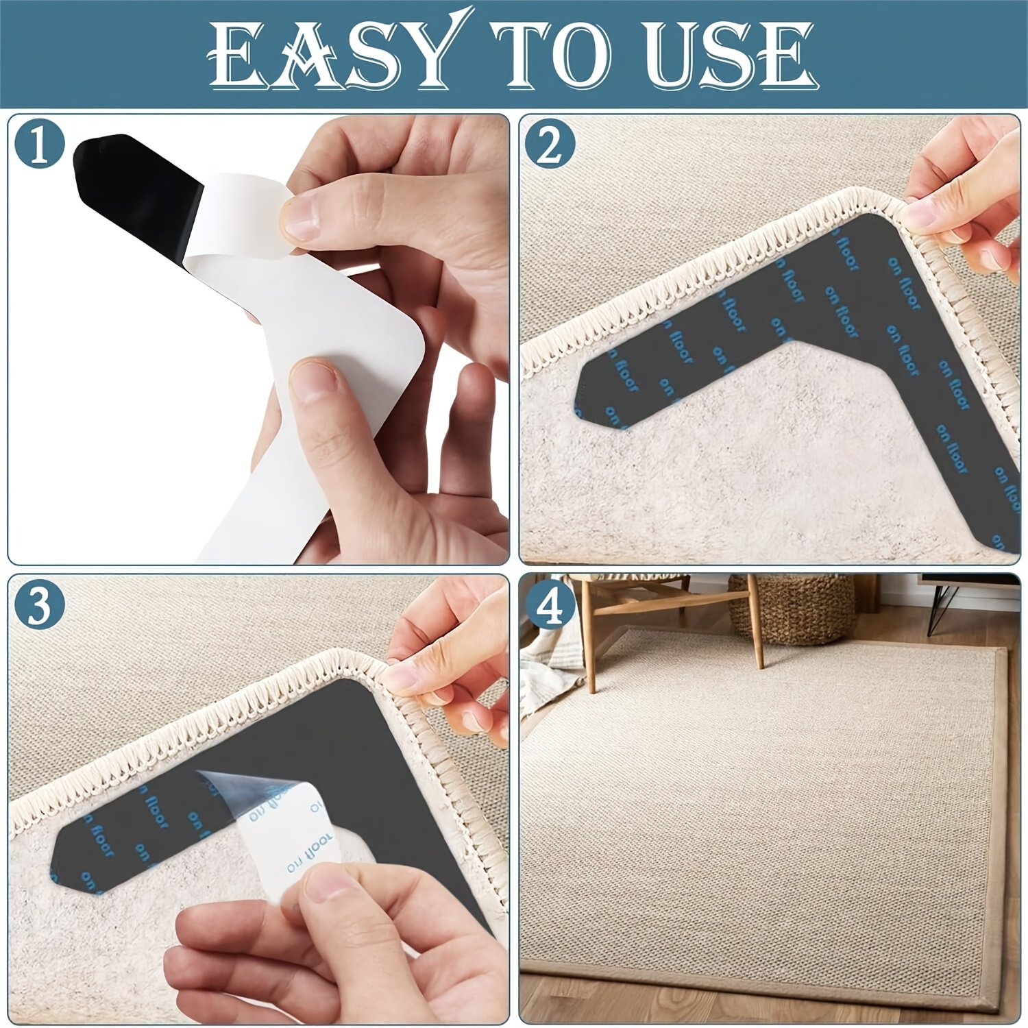 8PCS Reusable Washable Grippers for Rugs Highly Adhesive Thin Removable Rug Tape Double Sided Non-Slip Rug Pads for Hardwood Floors and Carpet Corners,Keep Area Rugs Corners from Curling
