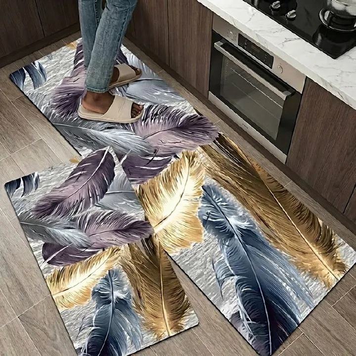 2-Piece Rug Set Non-Slip Kitchen  - Simple Line Design Water Absorbent, Oil & Stain Resistant Rubber Backing Floor Mats for Home Decor