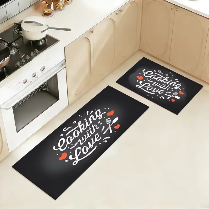 2 Piece Set Love Maisha Kitchen Rug , Black and White Rustic Vintage Style Theme Decor Kitchen Rugs, Absorbent Washable Non-Slip Floor Mats, Home Indoor Runner Carpet 40x60+40x120 CM
