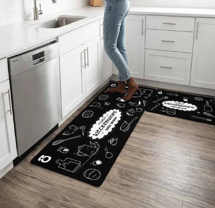 2PCS Black White Kitchenware Kitchen Rules Bakery Non Slip Absorbent Washable Kitchen Rugs Anti Fatigue Kitchen Mats Rugs Sets Floor Mats, Home Indoor Runner Carpet