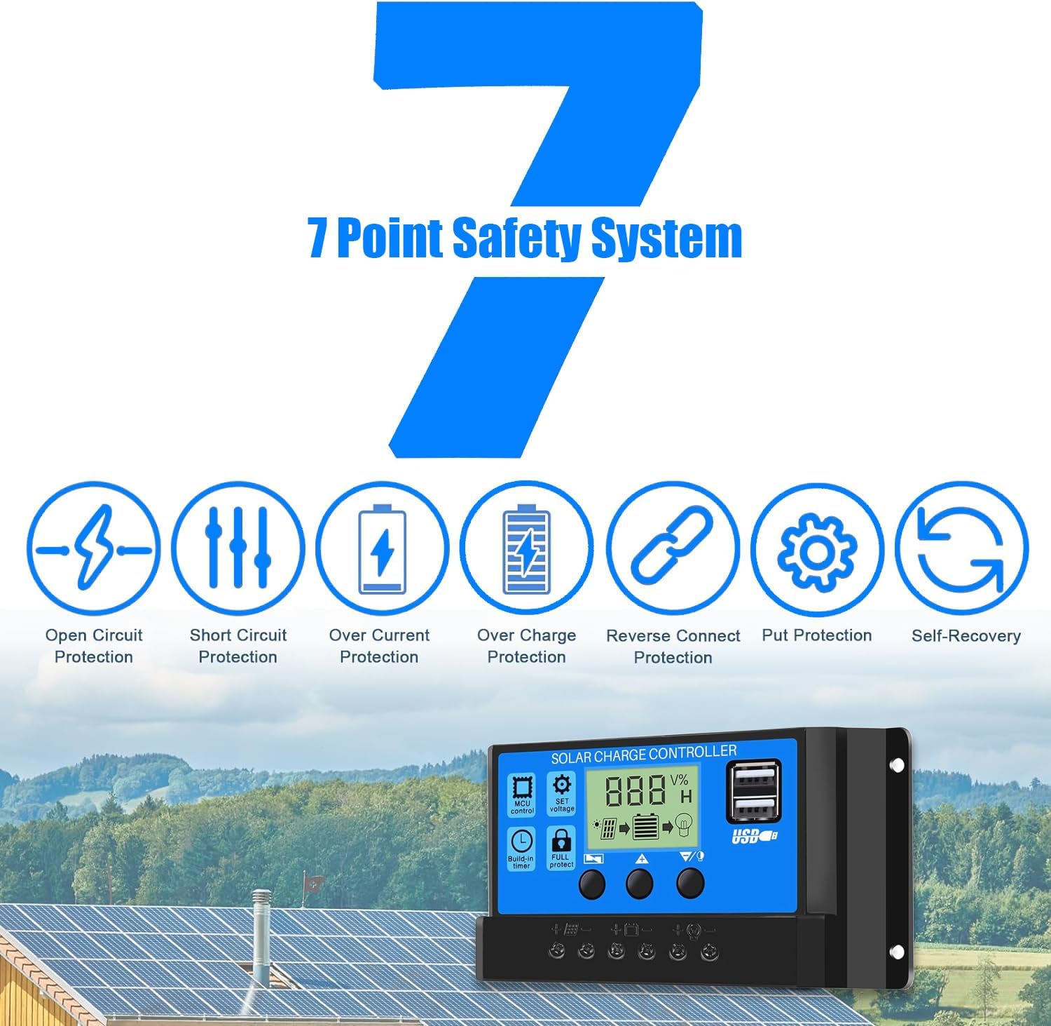 30A Solar Charge Controller 12V 24V Dual USB Solar Panel Battery Intelligent Regulator with LCD Display Auto Parameter Adjustable Timer Setting Multiple Load Control Modes