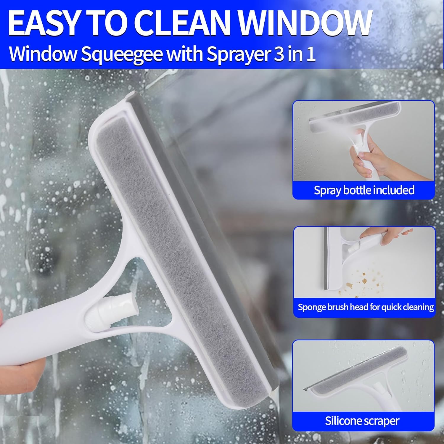1PC All-Purpose Window Cleaning Scraper Shower Squeegee for Glass Door Glass Cleaner Squeegee with Spray Washer Wiper 3 Functions in 1 Perfect Household Cleaner Tool Walls Car Windshield