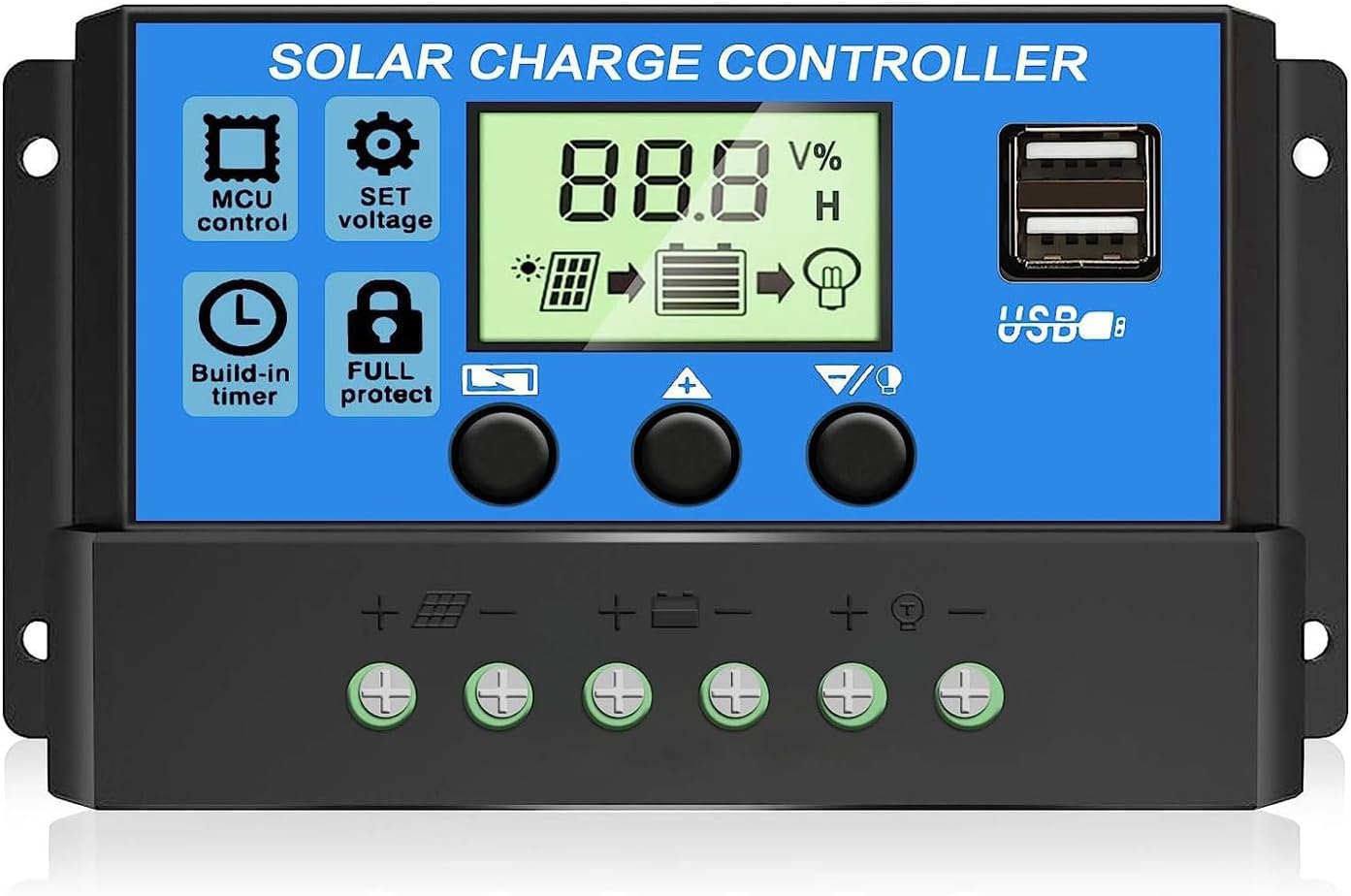 30A Solar Charge Controller 12V 24V Dual USB Solar Panel Battery Intelligent Regulator with LCD Display Auto Parameter Adjustable Timer Setting Multiple Load Control Modes