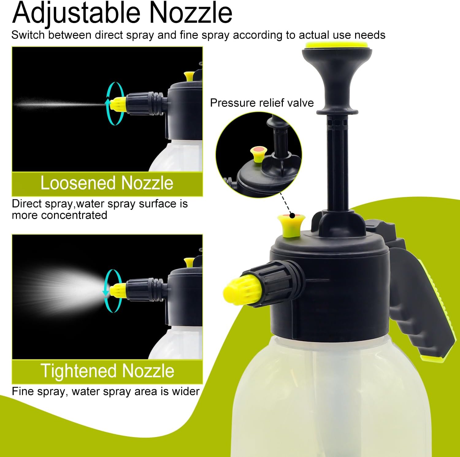 2L Handheld Pump Sprayer with Adjustable Nozzle Extra Long Spray Rod Garden Pressure Water Spray Bottle Safety Valve for Watering Plant Spraying Home Cleaning Fertilizing Car Washing Pet Bathing