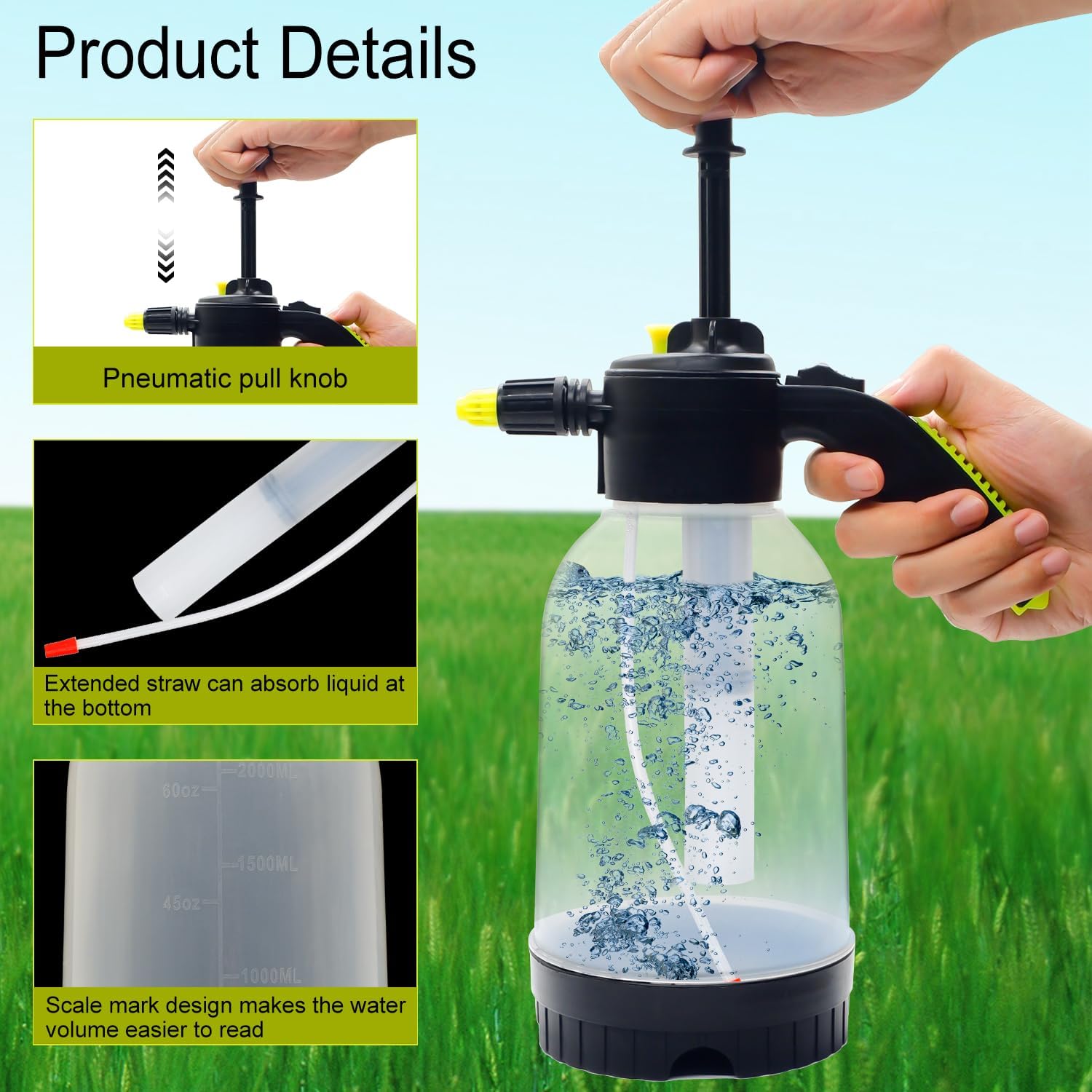 2L Handheld Pump Sprayer with Adjustable Nozzle Extra Long Spray Rod Garden Pressure Water Spray Bottle Safety Valve for Watering Plant Spraying Home Cleaning Fertilizing Car Washing Pet Bathing