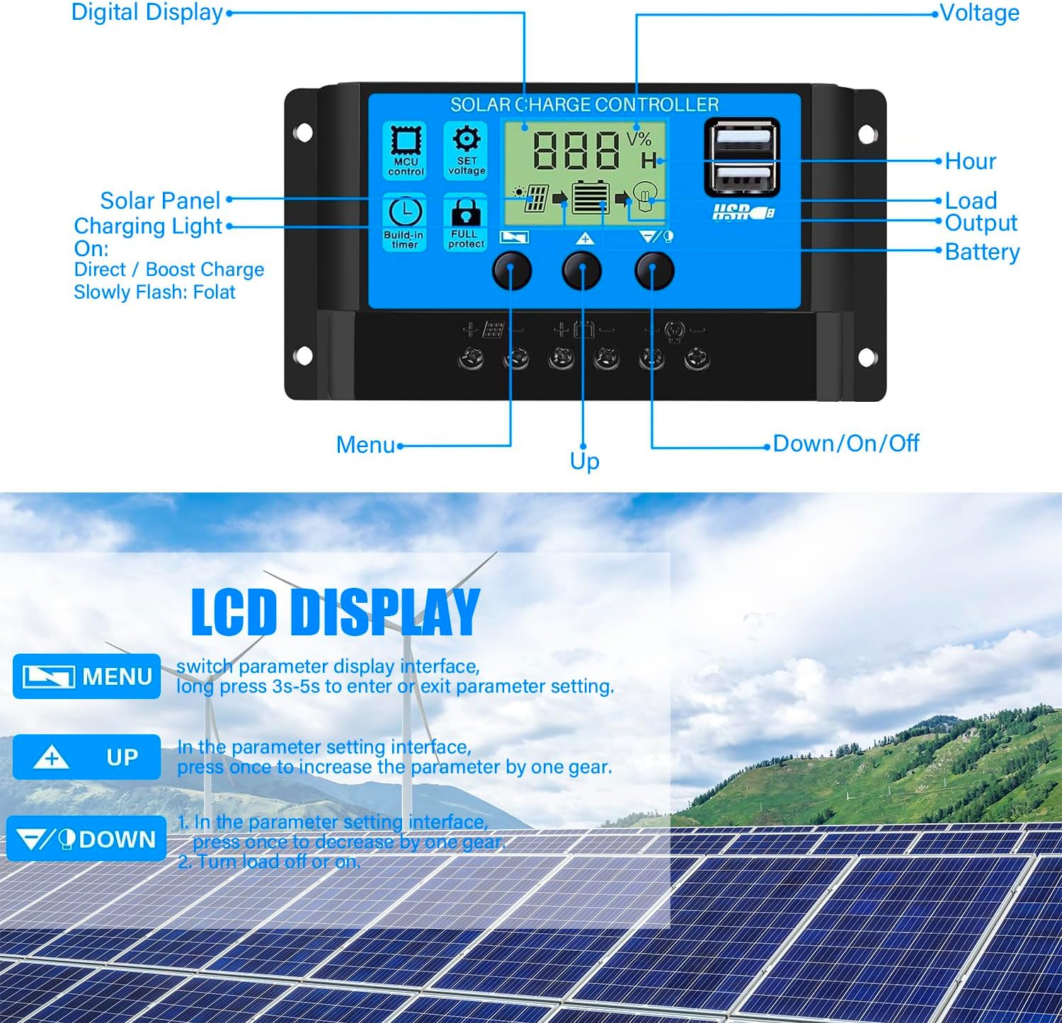 30A Solar Charge Controller 12V 24V Dual USB Solar Panel Battery Intelligent Regulator with LCD Display Auto Parameter Adjustable Timer Setting Multiple Load Control Modes
