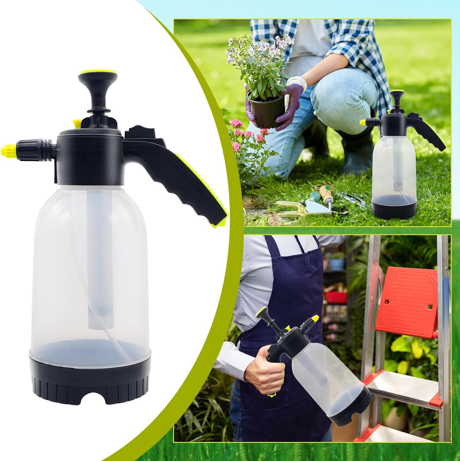 2L Handheld Pump Sprayer with Adjustable Nozzle Extra Long Spray Rod Garden Pressure Water Spray Bottle Safety Valve for Watering Plant Spraying Home Cleaning Fertilizing Car Washing Pet Bathing