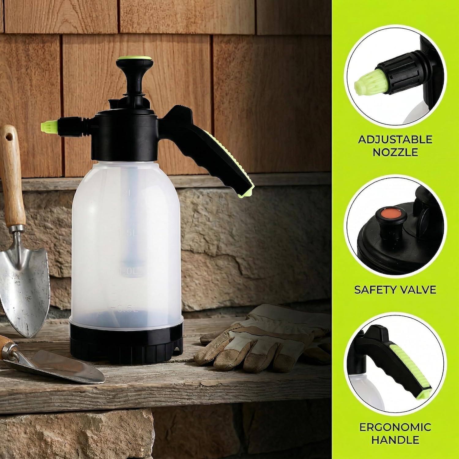 2L Handheld Pump Sprayer with Adjustable Nozzle Extra Long Spray Rod Garden Pressure Water Spray Bottle Safety Valve for Watering Plant Spraying Home Cleaning Fertilizing Car Washing Pet Bathing