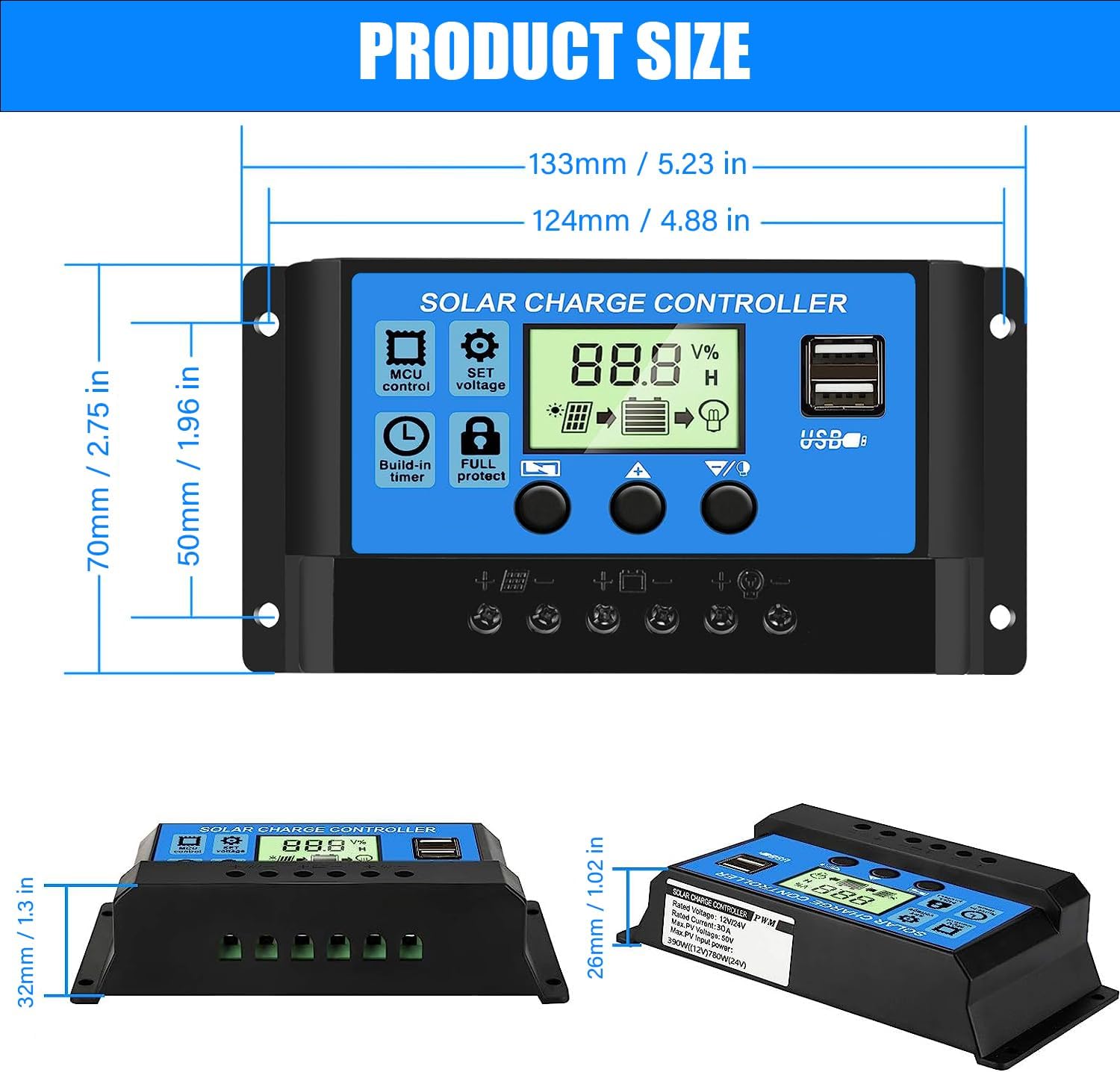 30A Solar Charge Controller 12V 24V Dual USB Solar Panel Battery Intelligent Regulator with LCD Display Auto Parameter Adjustable Timer Setting Multiple Load Control Modes