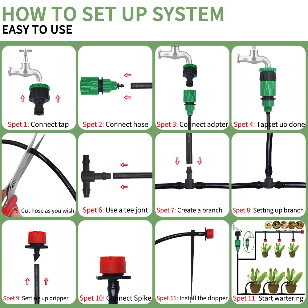10m Drip Irrigation Kit Garden Automatic Watering System Garden Watering System with 7/4mm Tubing Irrigation Accessories Irrigation System for Garden Greenhouse