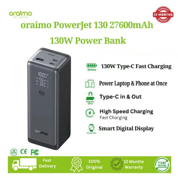 Original Oraimo PowerJet 130 Power Bank 27600mAh 130W Fast Charging Laptop Phone Charger | 100W Type C Input | Digital Display | PD Portable Power Bank for MacBook Dell HP Lenovo Samsung iPhone Kenya