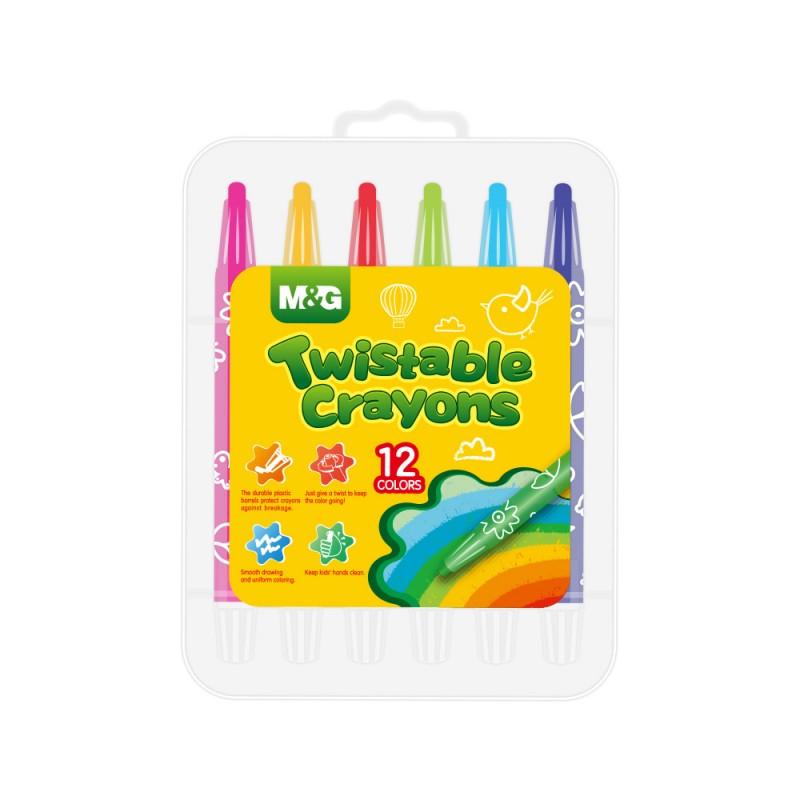 M&G 12 Color Twistable Crayons Set (1 pack 12 pieces) - Non-Toxic Mess-Free Retractable Wax Crayons with Clear Storage Case for Kids (AGMX4332)