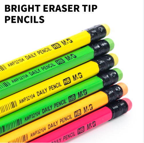 M&G Daily HB Neon Colorful Pencil (1 Pack = 12 Pieces) With Rubber, Hexagonal Wooden Writing Pencils Bulk Pack, Smooth Everyday Pencils for Office, School Classroom, and Stationery, AWP32104.