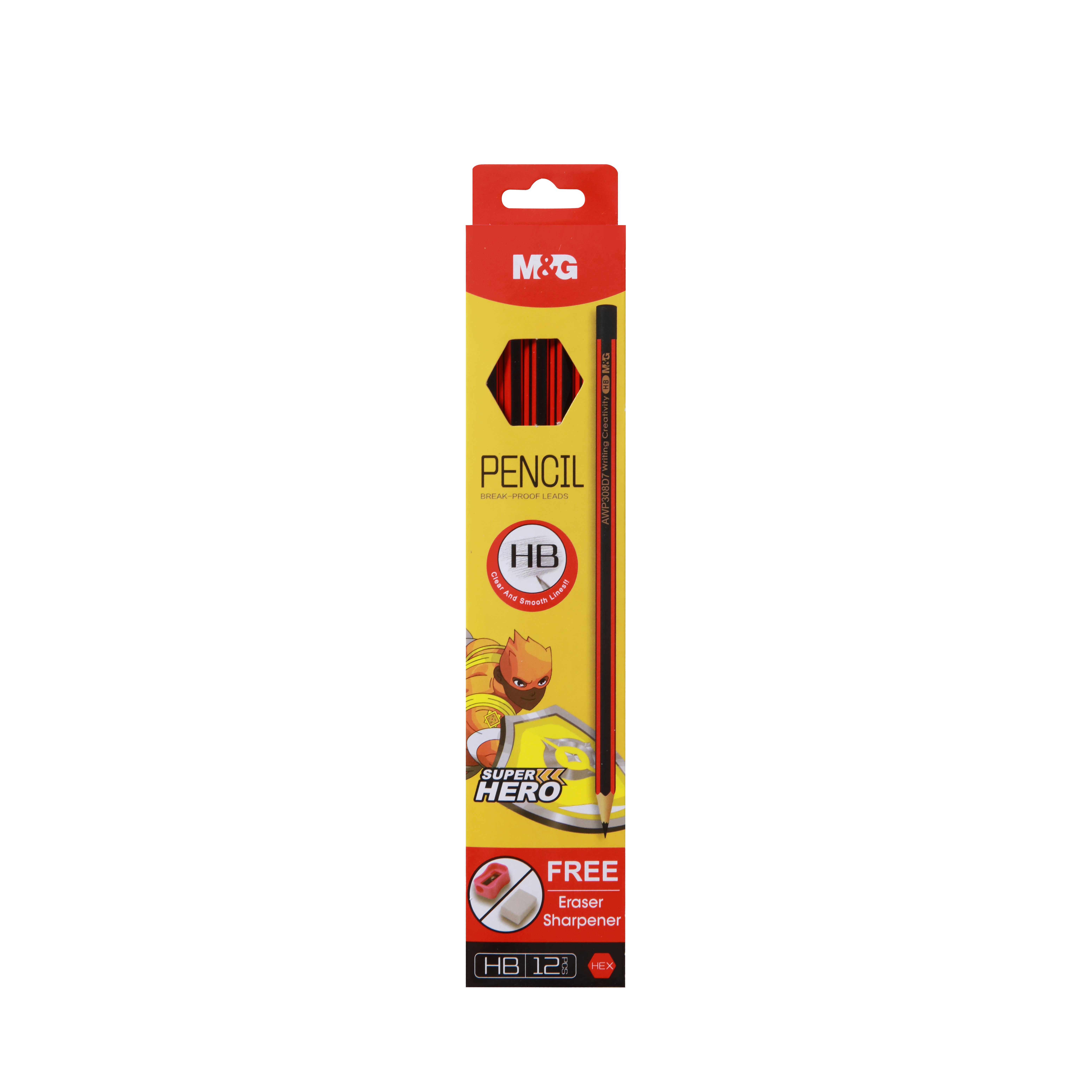 M&G HB D7 Graphite Pencil (1 Pack = 12 pieces) with Free Eraser and Sharpener, Hexagonal Wooden Writing Pencils Bulk Pack for School Exam, Office Stationery, and Drawing, Model AWP308D7 / 308D7