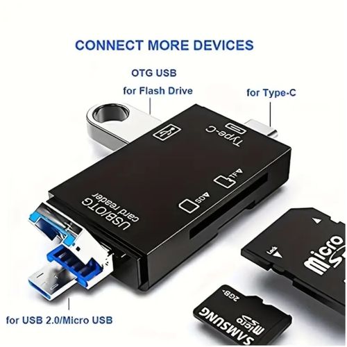 6-in-1 OTG Card Reader ATU-17 – USB + Micro USB + Type-C Multi-Function SD/TF Memory Card Adapter, High-Speed Data Transfer, Universal Compatibility