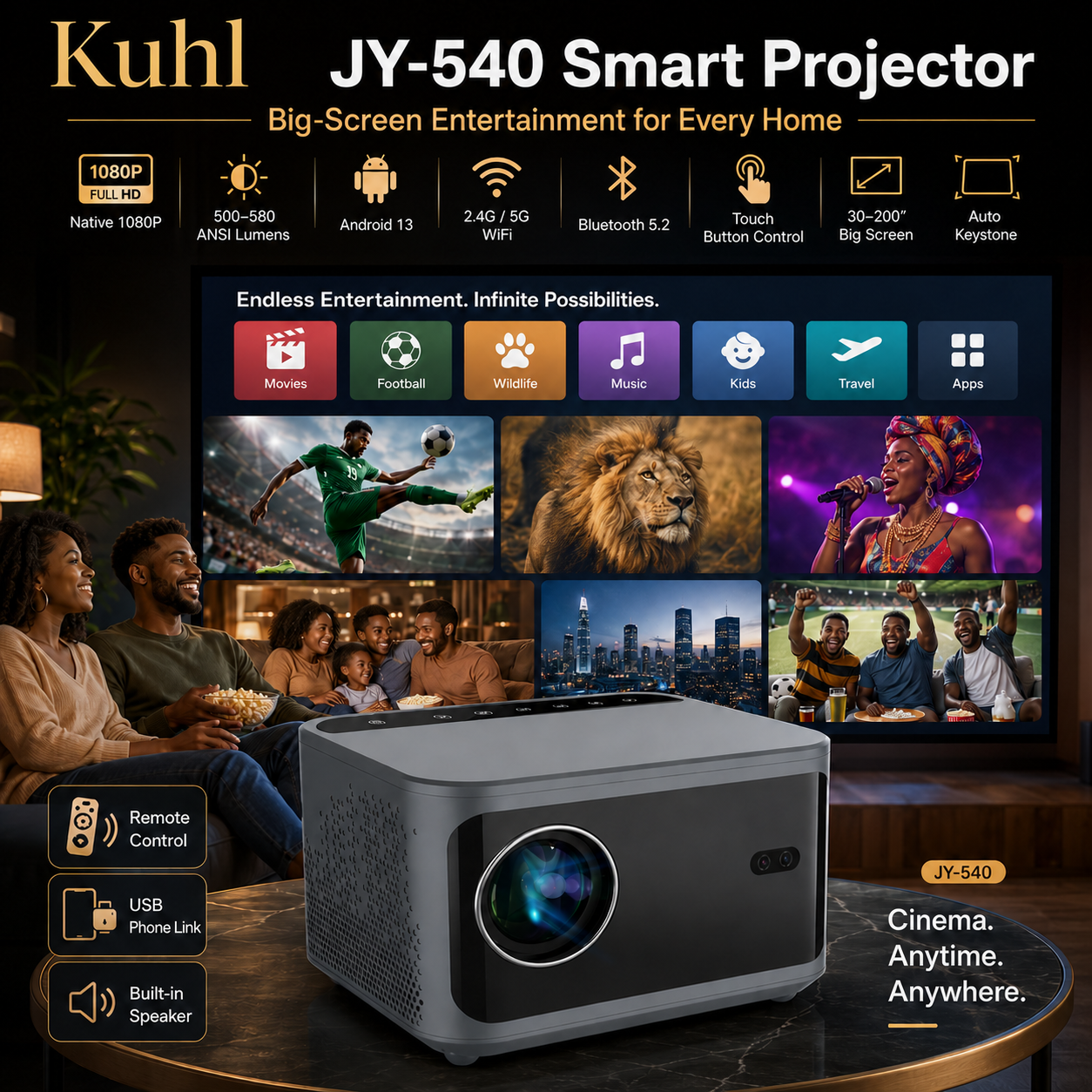 JY-540 Android 13 LED Projector 【1080P】 Full HD WiFi 5G Auto Keystone
