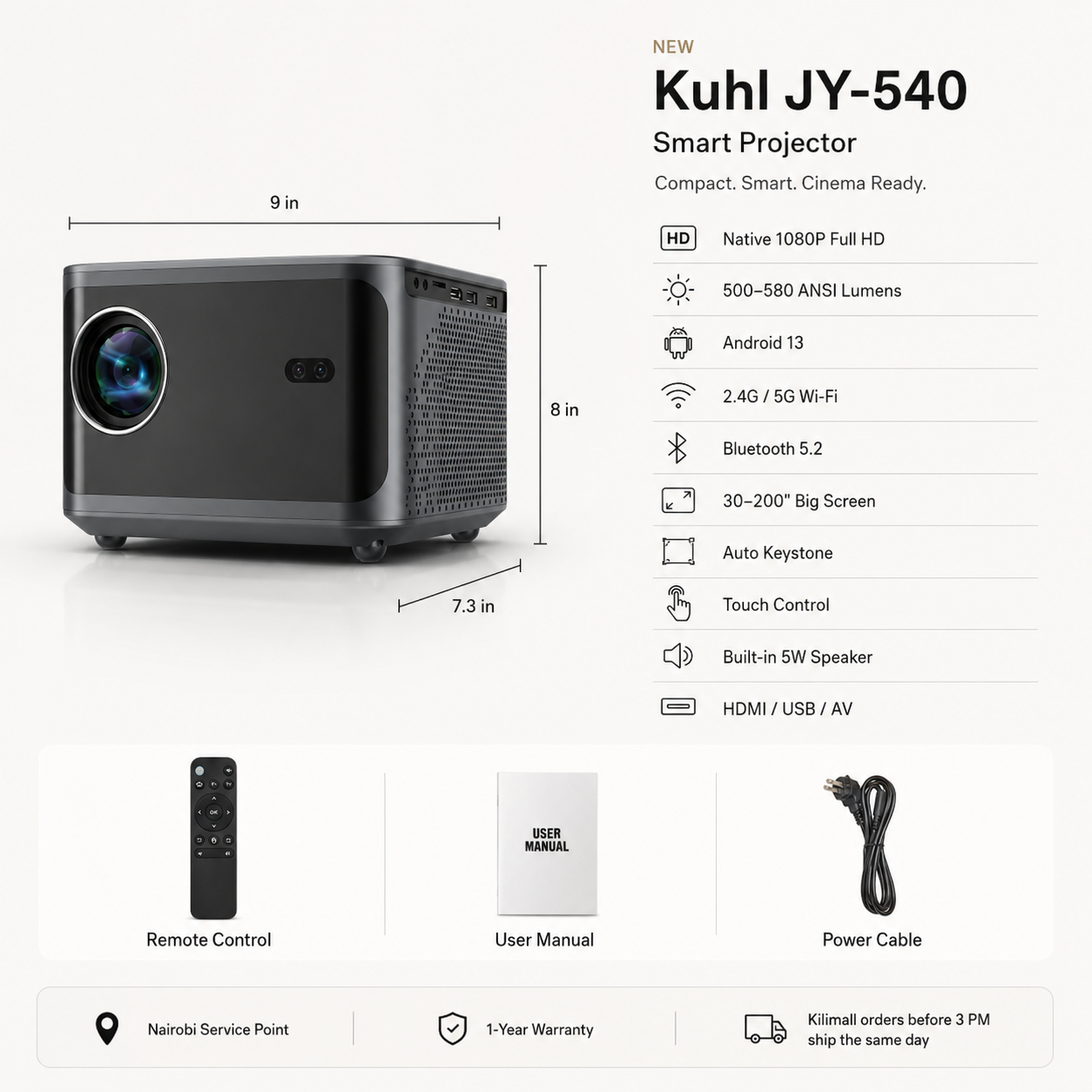 JY-540 Android 13 LED Projector 【1080P】 Full HD WiFi 5G Auto Keystone