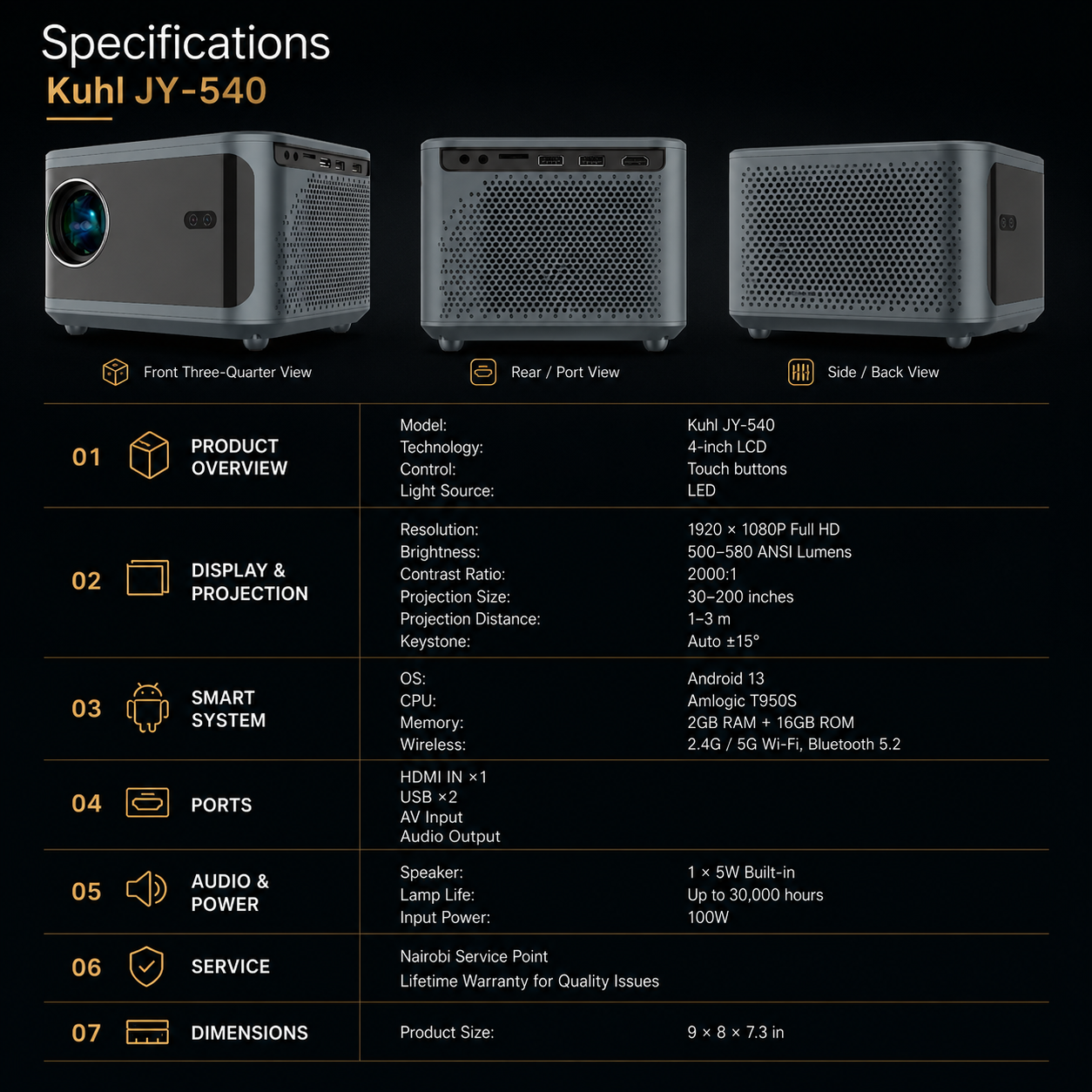 JY-540 Android 13 LED Projector 【1080P】 Full HD WiFi 5G Auto Keystone