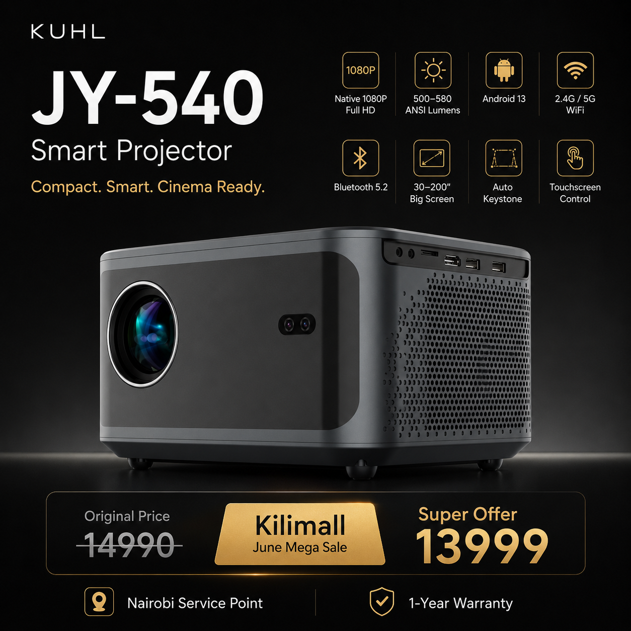 JY-540 Android 13 LED Projector 【1080P】 Full HD WiFi 5G Auto Keystone