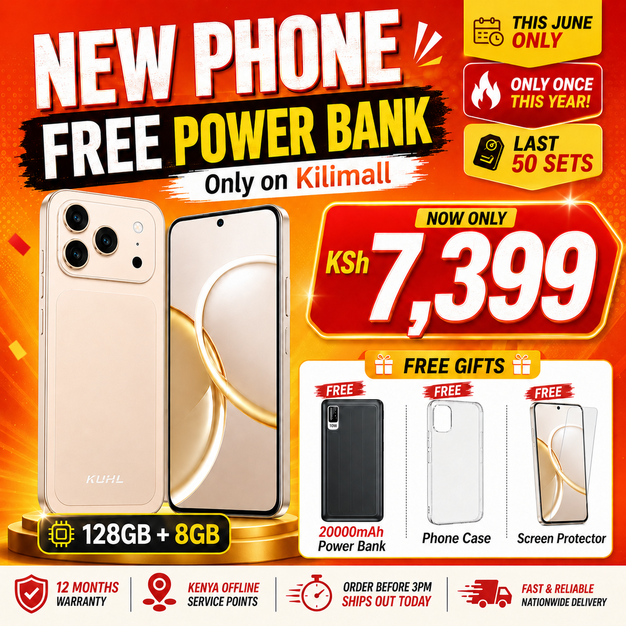 get 1️⃣Phone with FREE 1️⃣Powerbank
📱Kuhl 17 Pro Max 6.8" Smartphone (8GB+128GB) 
⚡️Type-C Fast Charging - 1 YR WRTY 
🎁FREE GIFT - 20000mAh Powerbank
