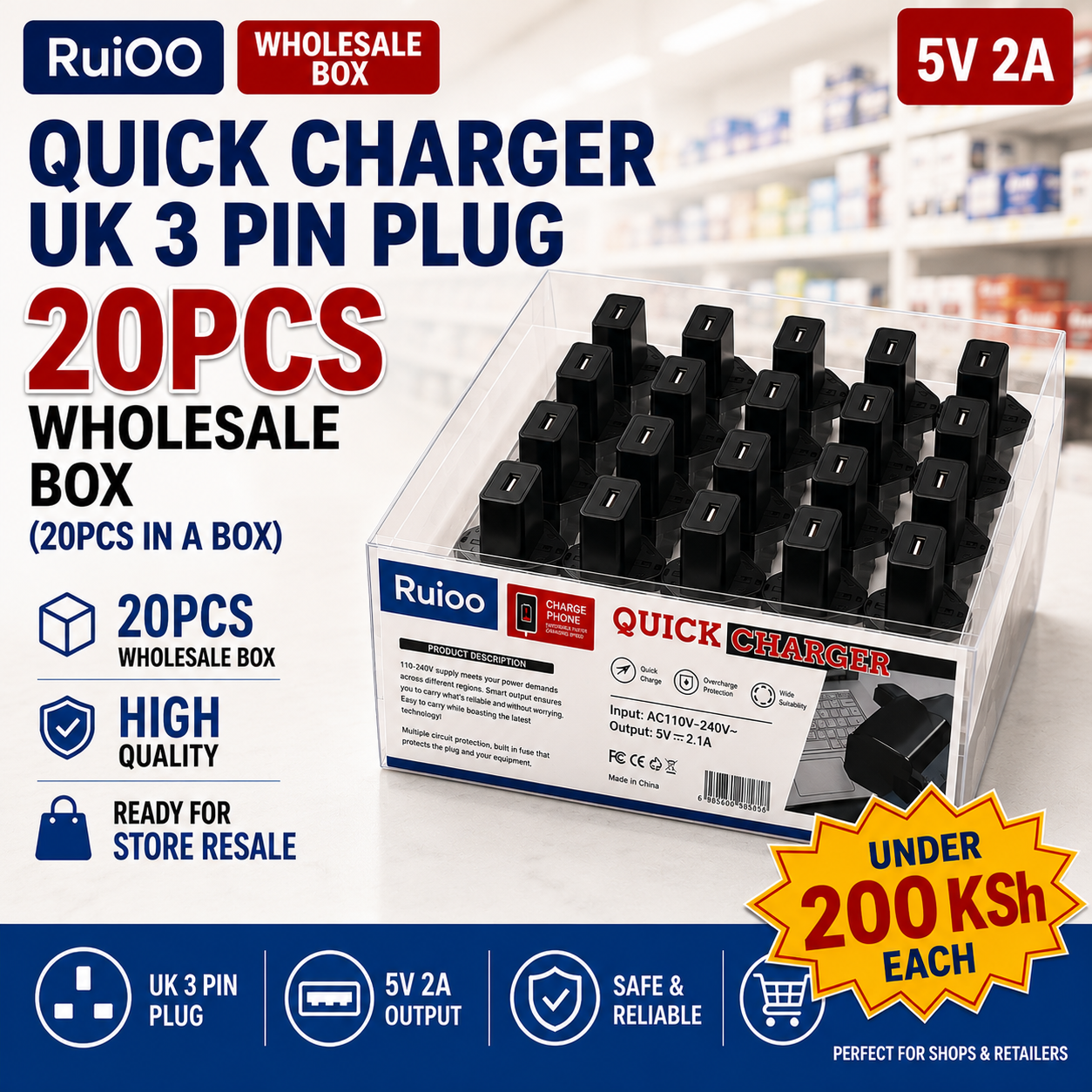 【20PCS】 RuiOO UK 3 Pin USB Charger Plug 5V 2A Fast Charging Wall Adapter Bulk Pack