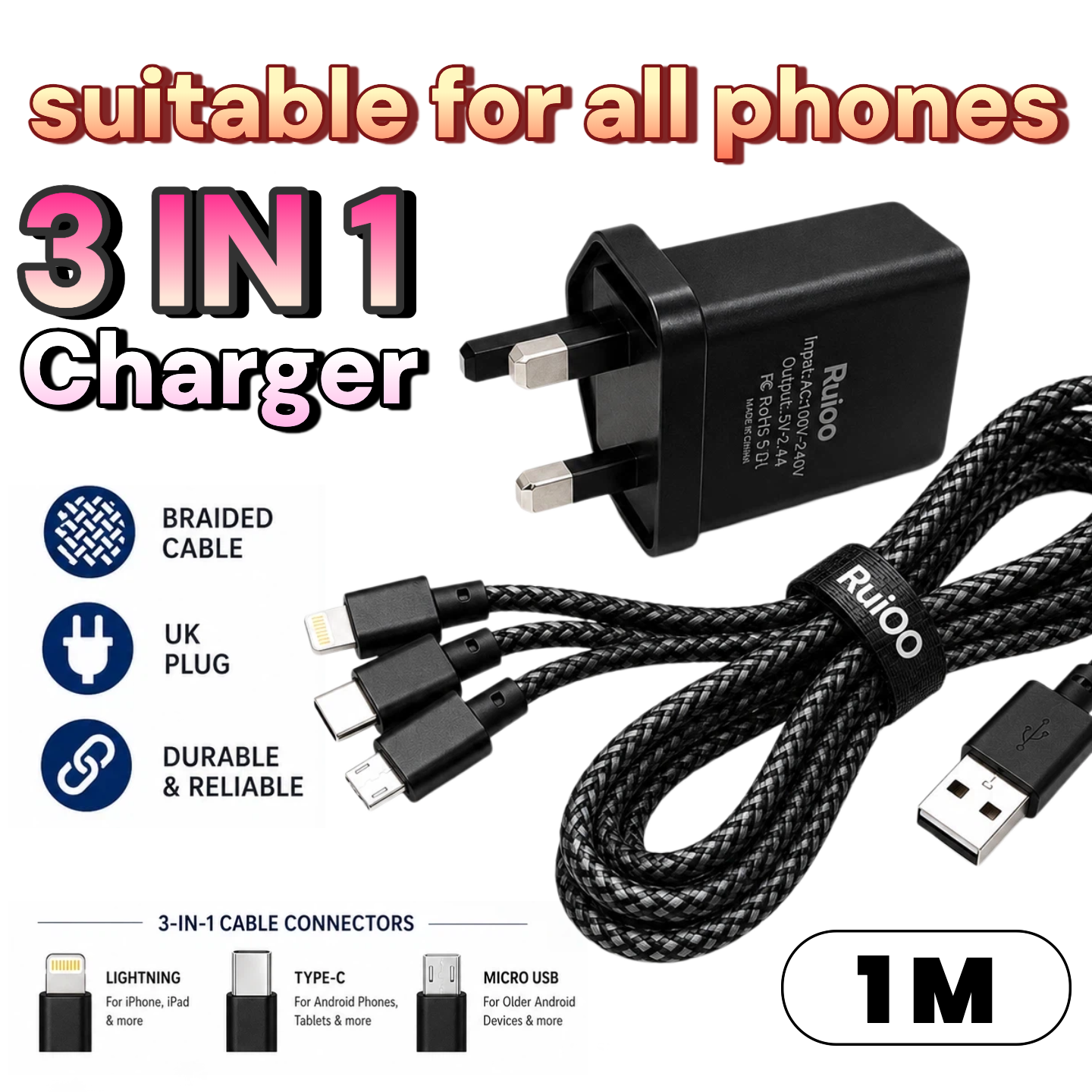 【2PCS ：Durable 3 in 1 Charger】RUIOO Original Charger Set 
 Charging Adapter with 1M 3-in-1 Braided Cable 
Compatible with Type-C, Micro USB & Lightning