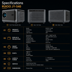 RUIOO Powerful Surround Stereo Sound Smart Projector, Android 13, 1080P, 5G WiFi, Auto Keystone, Built-in 5W Speaker, JY-540, 1-Year Warranty