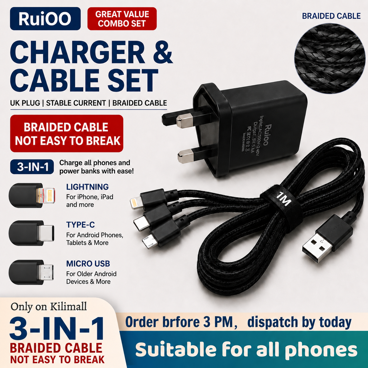 【suitable all phones】RuiOO UK Plug Charger Set 
5V 2A  Charging Adapter with 1M 3-in-1 Braided Cable 
Compatible with Type-C, Micro USB & Lightning