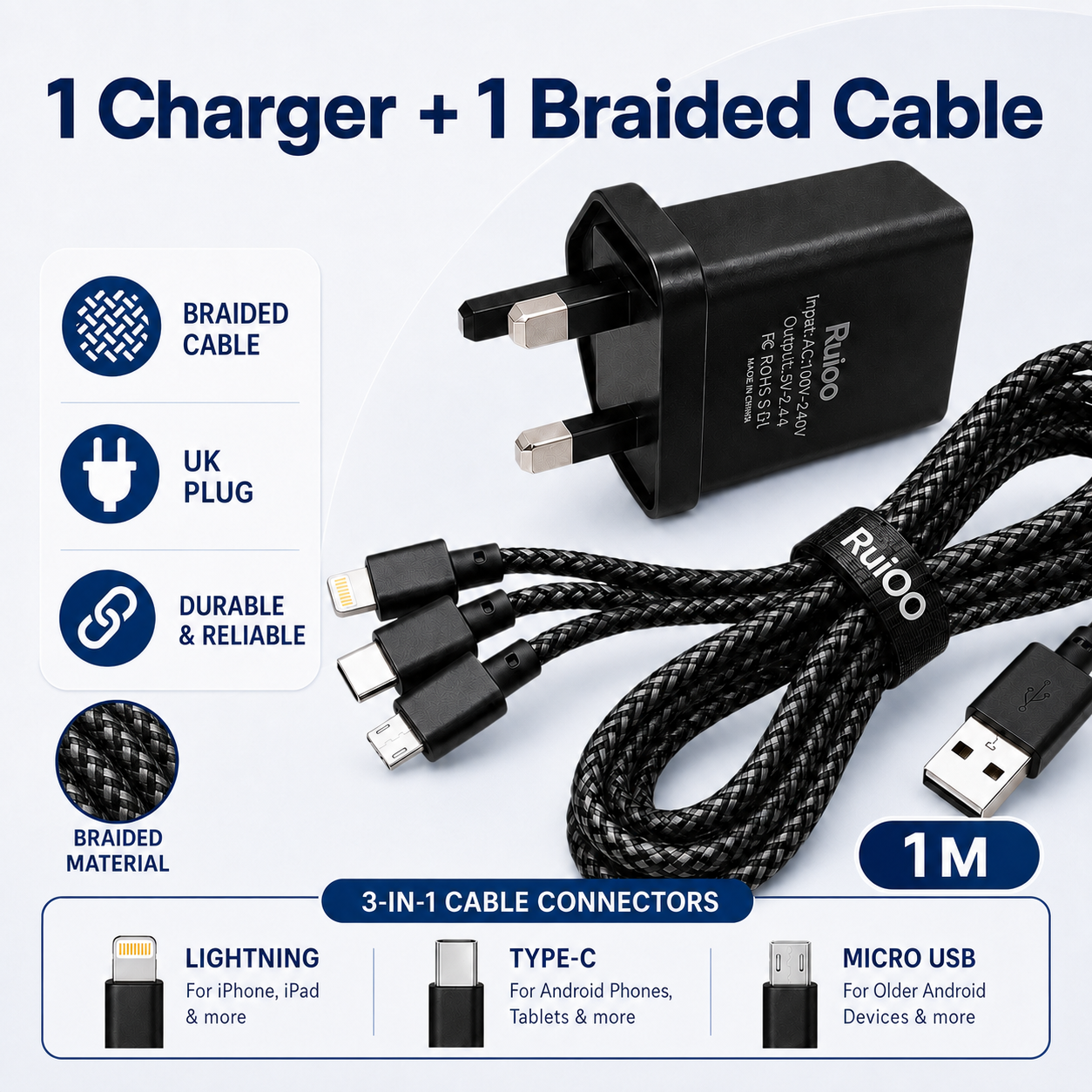 【2PCS ：Durable 3 in 1 Charger】RUIOO Original Charger Set 
 Charging Adapter with 1M 3-in-1 Braided Cable 
Compatible with Type-C, Micro USB & Lightning
