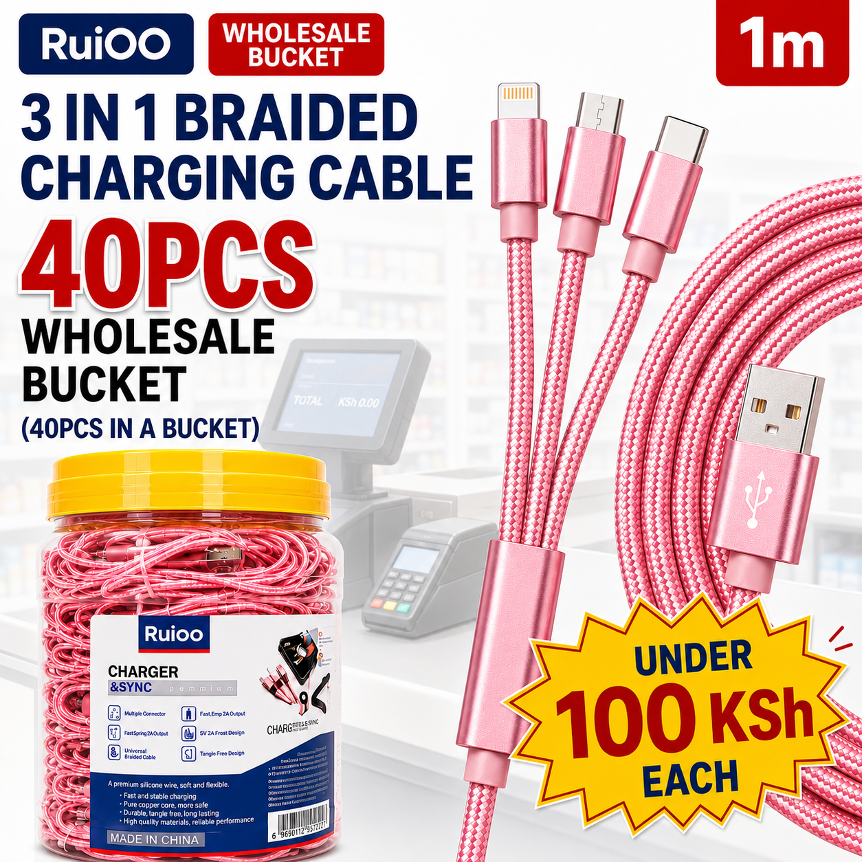 【40PCS】RuiOO 3-in-1 Braided Charging Cable 1M Fast Charging Cable Type-C/Micro USB/Lightning Bulk Bucket