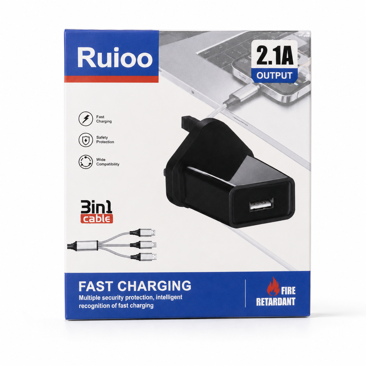 【2PCS ：Durable 3 in 1 Charger】RUIOO Original Charger Set 
 Charging Adapter with 1M 3-in-1 Braided Cable 
Compatible with Type-C, Micro USB & Lightning