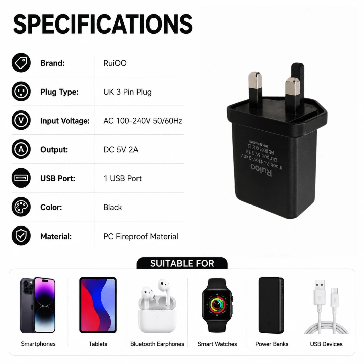 【20PCS】 RuiOO UK 3 Pin USB Charger Plug 5V 2A Fast Charging Wall Adapter Bulk Pack