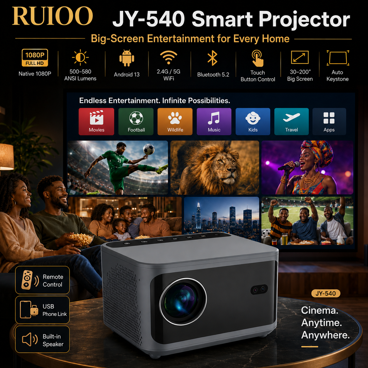 【Android 13 + 1080P】5G WiFi Smart Projector, Auto Keystone, Built-in 5W Speaker – JY-540-1year warranty