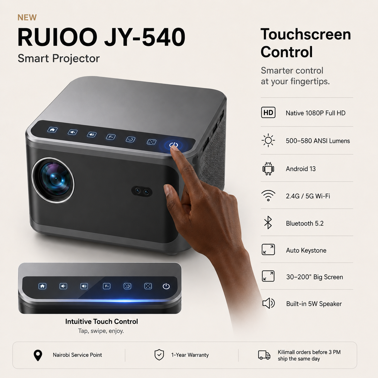 【Android 13 + 1080P】5G WiFi Smart Projector, Auto Keystone, Built-in 5W Speaker – JY-540-1year warranty