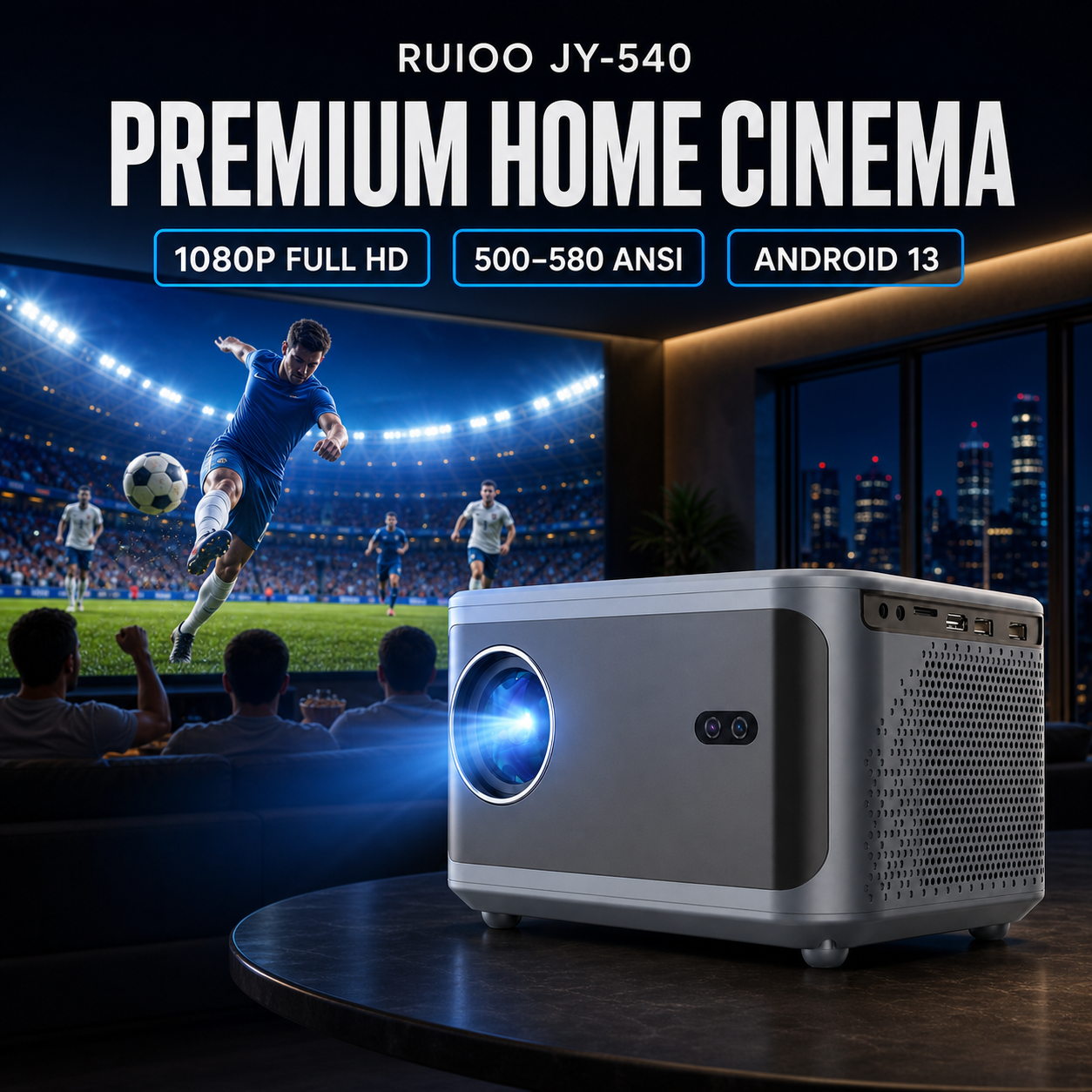 Powerful Surround Stereo Sound Smart Projector, Android 13, 1080P, 5G WiFi, Auto Keystone, Built-in 5W Speaker, JY-540, 1-Year Warranty
