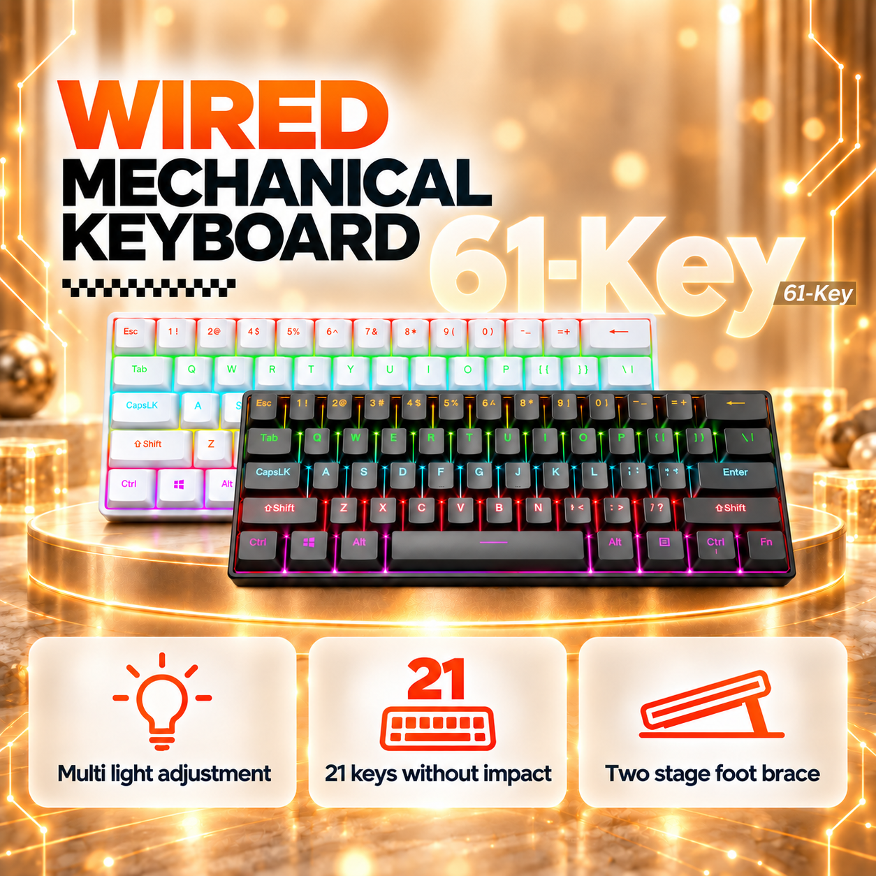RUIOO Exclusive【 61-Key 】 Mechanical Gaming Keyboard
True Mechanical Switches
 Rainbow Backlit & Replaceable Keycaps, Windows & Mac Compatible