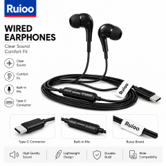RUIOO TYPE-C 3.5mm Wired Headphones In Ear Headset Wired Earphones with Microphone Bass Stereo Earbuds Sports In-line Control In-Ear Metal Subwoofer Earplugs With Mic