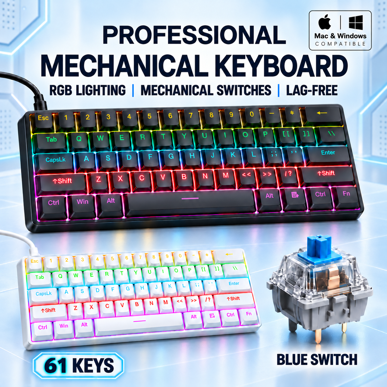 RUIOO Exclusive【 61-Key 】 Mechanical Gaming Keyboard
True Mechanical Switches
 Rainbow Backlit & Replaceable Keycaps, Windows & Mac Compatible