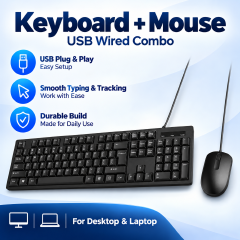 【2PCS：Keyboard + Mouse】 HP-KM10 Wired USB Keyboard and Mouse Combo, Full-Size Office Computer Keyboard with Number Pad for Laptop and Desktop, Black