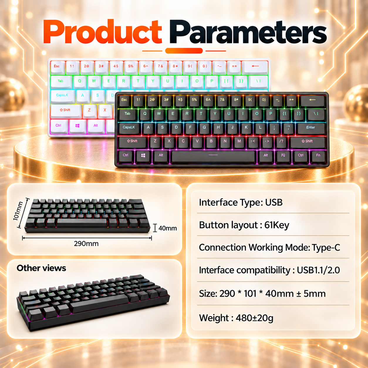 RUIOO Exclusive【 61-Key 】 Mechanical Gaming Keyboard
True Mechanical Switches
 Rainbow Backlit & Replaceable Keycaps, Windows & Mac Compatible