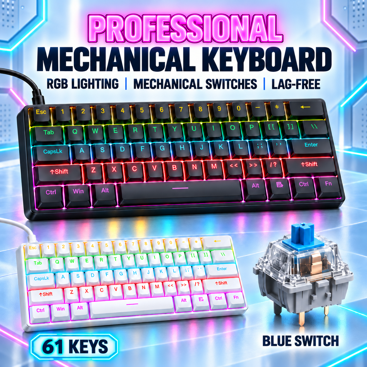 🌈RUIOO Exclusive🌈 61-Key Mechanical Gaming Keyboard
True Mechanical Switches
 Rainbow Backlit & Replaceable Keycaps, Windows & Mac Compatible