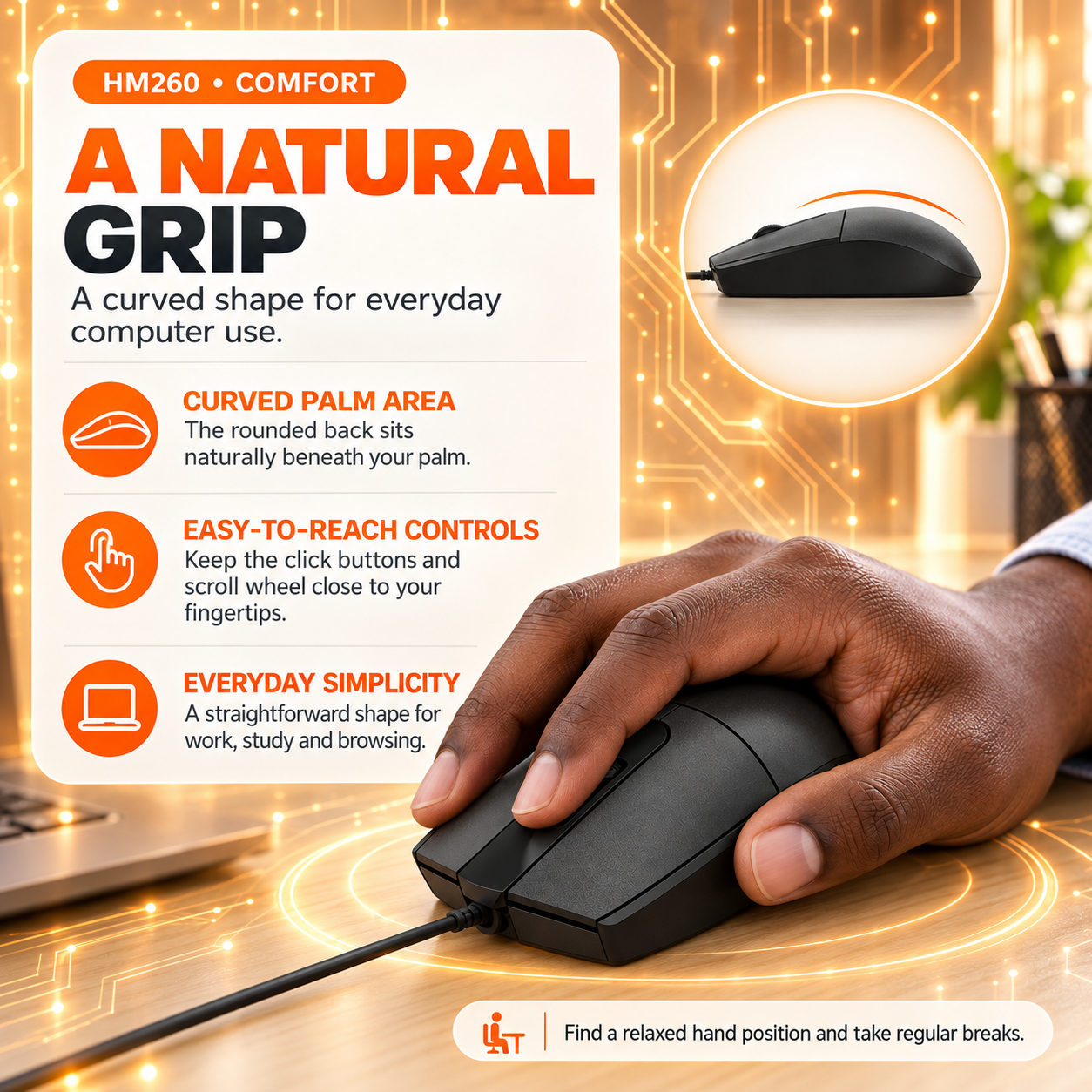 RUIOO HM260 Wired USB Mouse with 3 Buttons Optical Tracking and Stylish Design-USB Ergonomic Ambidextrous Computer Mouse for PC, Desktop, Laptop, Black