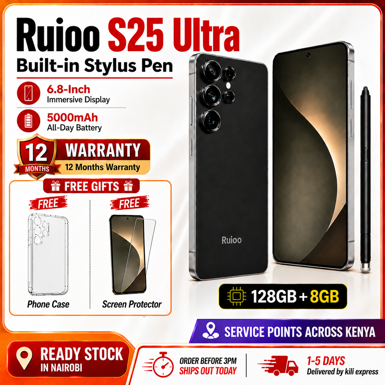 【Limited Offer！】 NEW PHONE RUIOO S25 Ultra 
Built-in Stylus • 6.8" Display • 5000mAh
1 Year Warranty | Nairobi Stock
❤️Please read the purchase notice before placing an order❤️
