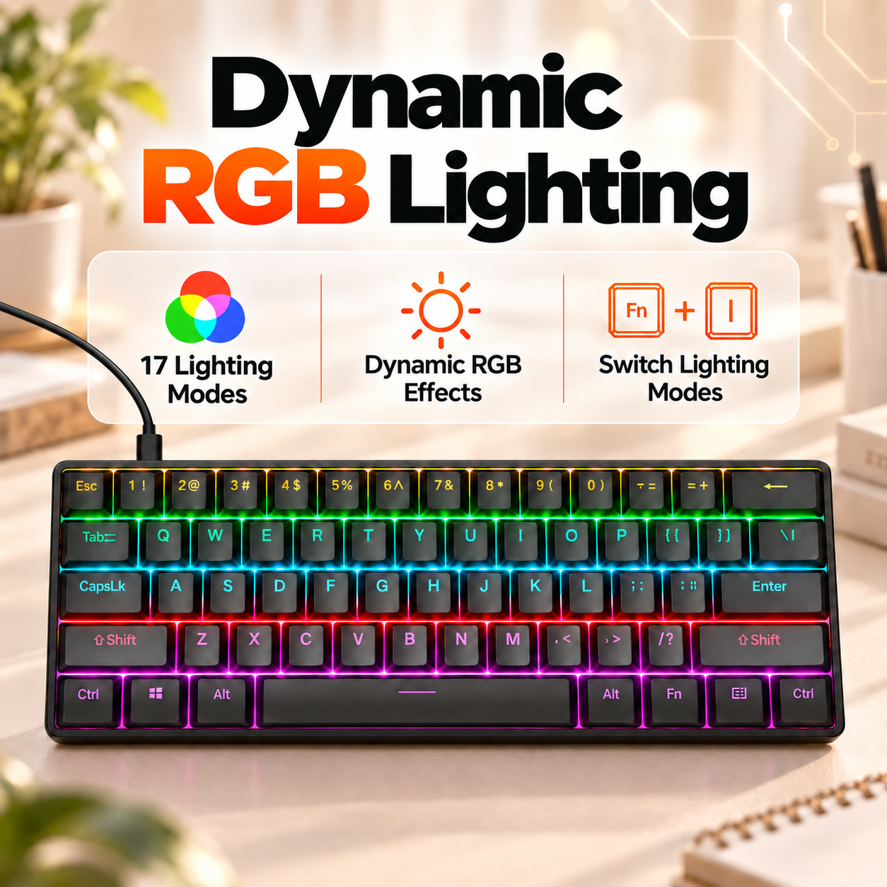RUIOO Exclusive【 61-Key 】 Mechanical Gaming Keyboard
True Mechanical Switches
 Rainbow Backlit & Replaceable Keycaps, Windows & Mac Compatible